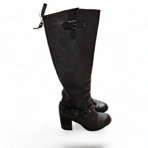 Steve Madden Sz 7.5M Random Harness Moto Rear Zip Black Leather Chunky Grunge‎